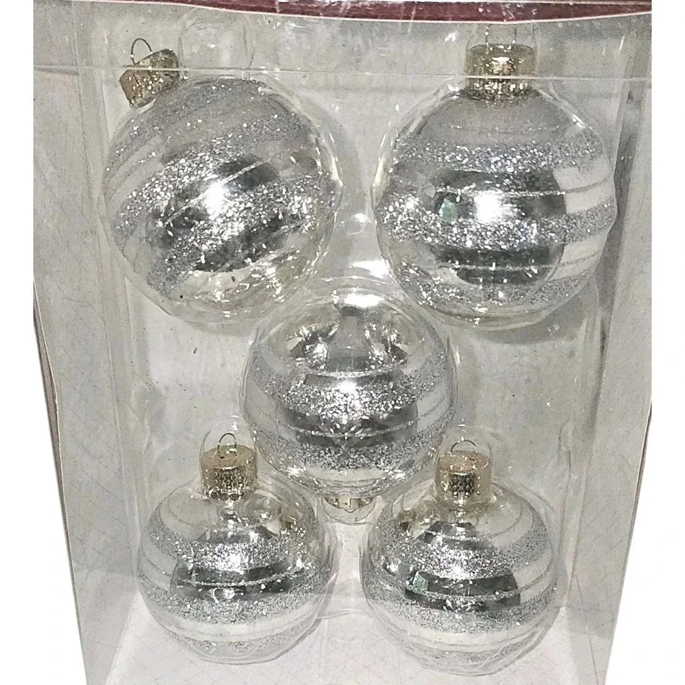 Macy's Holiday Lane Christmas Ornaments 5 Clear Balls With Silver Glitter Stripe